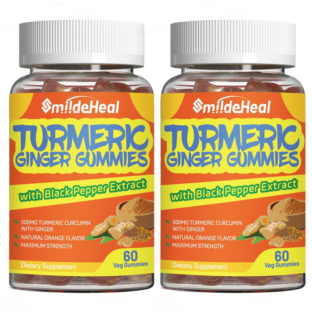 Turmeric Curcumin Gummies 500mg, Turmeric Root Extract, Ginger Root, Black Pepper Extract, 산화 방지제 지원, 오렌지 맛 Gummies, 60 개 (패키지 2)