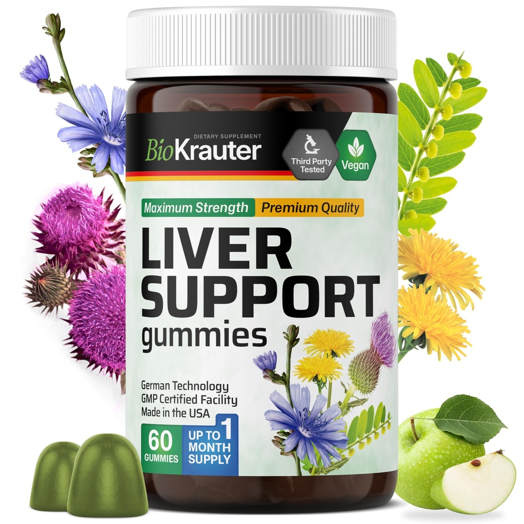BIO KRAUTER Liver 보충교재 Gummies - 60 Vegan Chews w/Milk 이틀, Liver Cleanse & Detox를 위한 Dandelion 뿌리 - 80% Silymarin