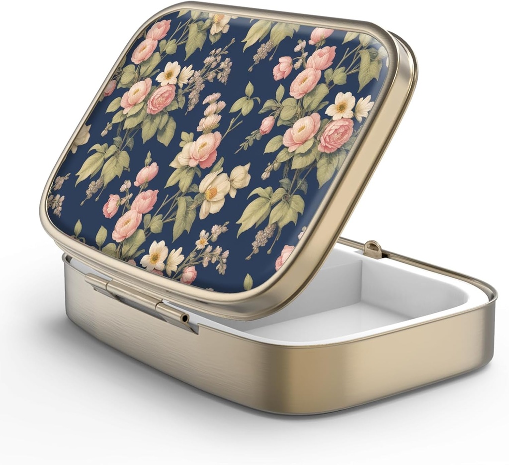 Pill Case Pill Box with Mirror Retro 2 Compartment Purse 또는 포켓 청동 직사각형 알약 상자 또는 비타민, 생선 기름, 보충제, Pill Containe 여행 선물 (Retro Rose Floral)