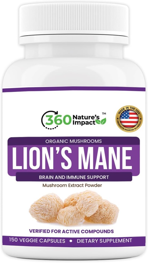 360 Nature 's Impact Lions Mane Mushroom 보충 캡슐 (150 캡슐) 뇌 건강 지원 보충교재, Beta 포도당과 유기 보충교재 & Cognitive 체계를 위한 Hypromellose