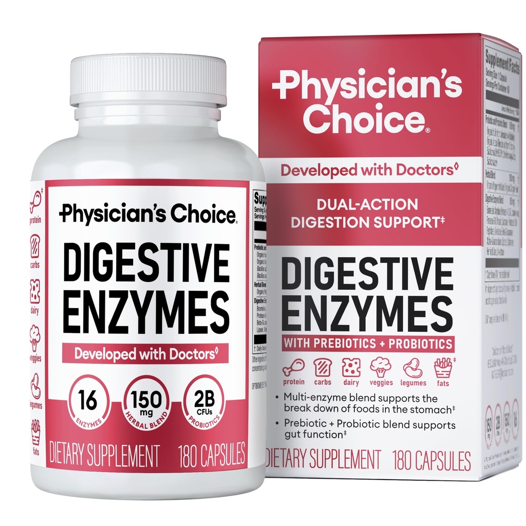 Physician 's CHOICE 소화 효소 - 멀티 효소, 유기 Prebiotics & 소화 건강 및 Gut 건강을위한 프로바이오틱스 - 식사 시간 불편 완화 및 Bloating - 듀얼 액션 접근 - 180 CT