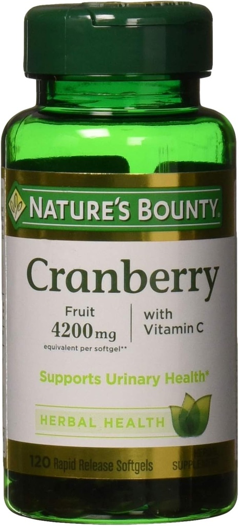 Nature's Bounty Cranberry, 비타민 C를 가진 초본 건강 보충교재, 지원 Urinary 건강, 4200mg, 120 Softgels