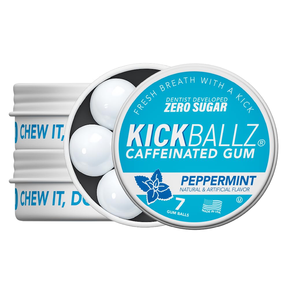 KickBallz Peppermint Caffeine Energy Gum | 110mg Fast-Absorbing Caffeine for Energy & Focus | Sugar-Free, Keto, Fresh Breath Support | Coffee Alternative Chew | 3 Pocket Tins, 21 Pieces Total