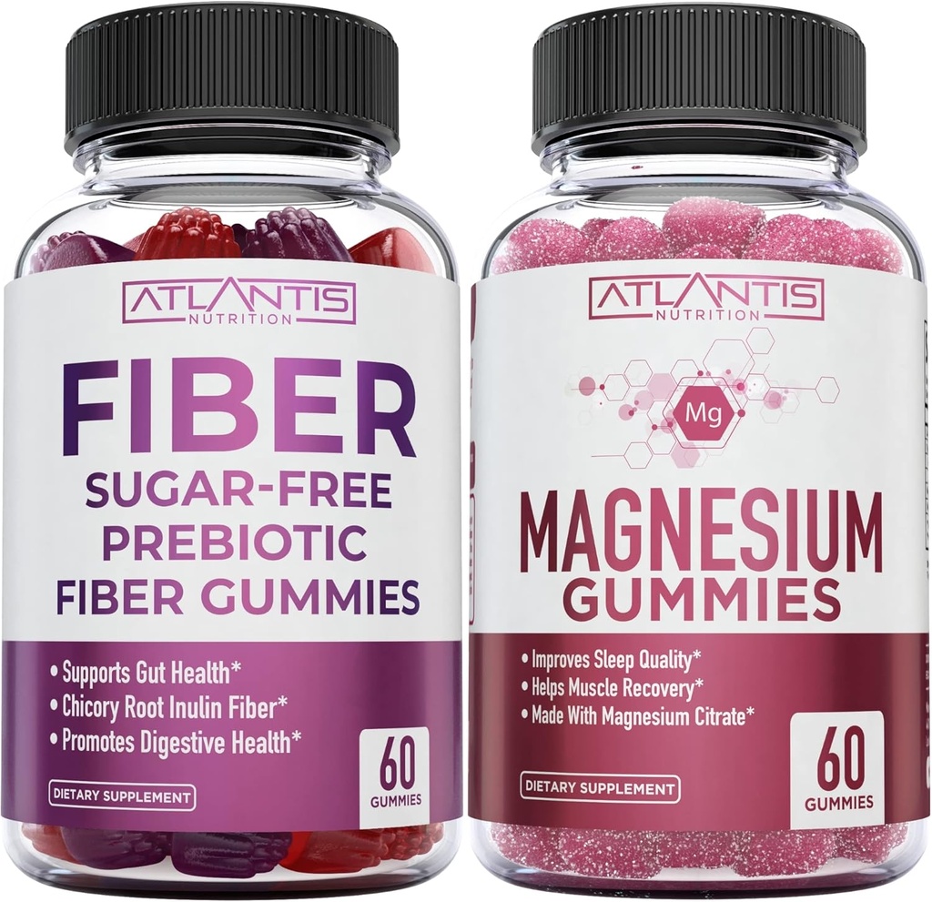 Atlantis Nutrition Sugar 무료 프리 바이오 틱 섬유 Gummies 성인 2-Pack (120 Gummies) + 마그네슘 구미 - 770 MG 마그네슘 시트 레이트 60 구미