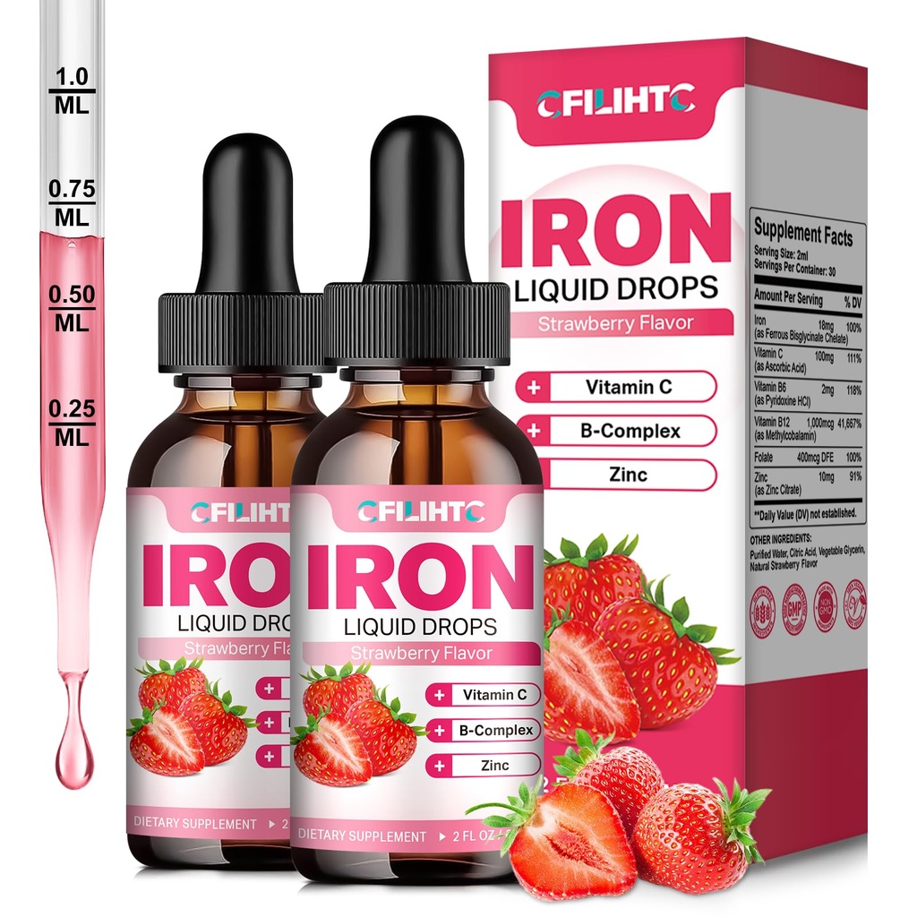 여자 남자 & 아이 Multivitamin 철 하락을 위한 액체 철 보충교재 Folate, 비타민 C, B6, B12, Anemia, 철 결핍, 혈액 건축업자, 에너지 - 자연적인 Strawberry 풍미, Vegan 4 Fl Oz를 위한 아연