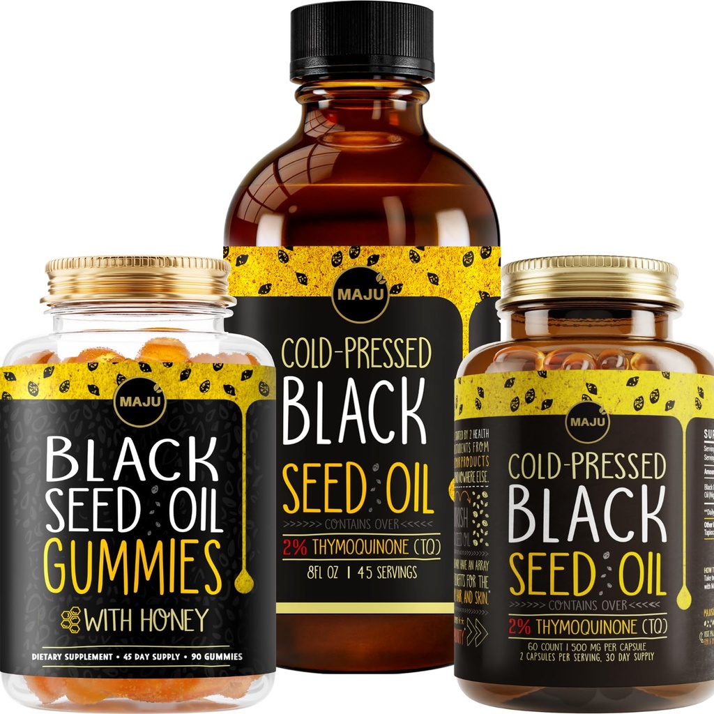 Maju Superfoods 검정씨 기름 3-in-1 뭉치, Gummies, 캡슐, & 액체
