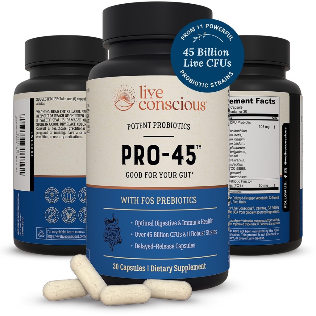 여성 및 남성을위한 라이브 의식 PRO45 프로바이오틱스 : 포괄적인 공식, 45 억 CFU, 11 Strains, Dairy Free - w / Prebiotics 및 Probiotics - 면역 및 구트 건강 증진 - 30 Veggie Caps