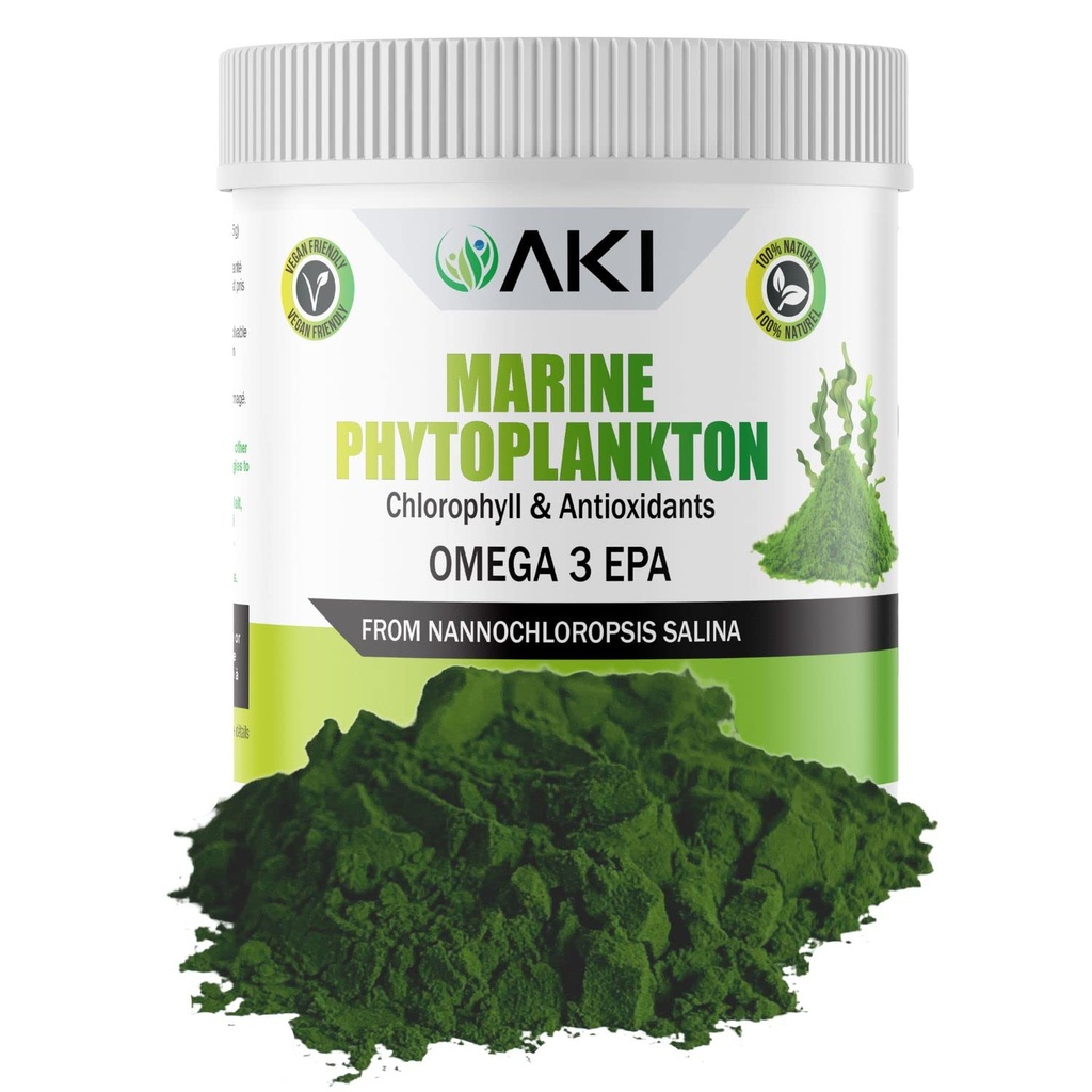 AKI 해병 Phytoplankton 분말 - 익지않는 Omega-3 EPA 마이크로 조류 Nannochloropsis의 근원 - 식물 기초 단백질, 전반적인 웰빙을 위한 비타민 - 완전한 단백질 근원, Vegan & GMO 자유로운 (2oz/57g)