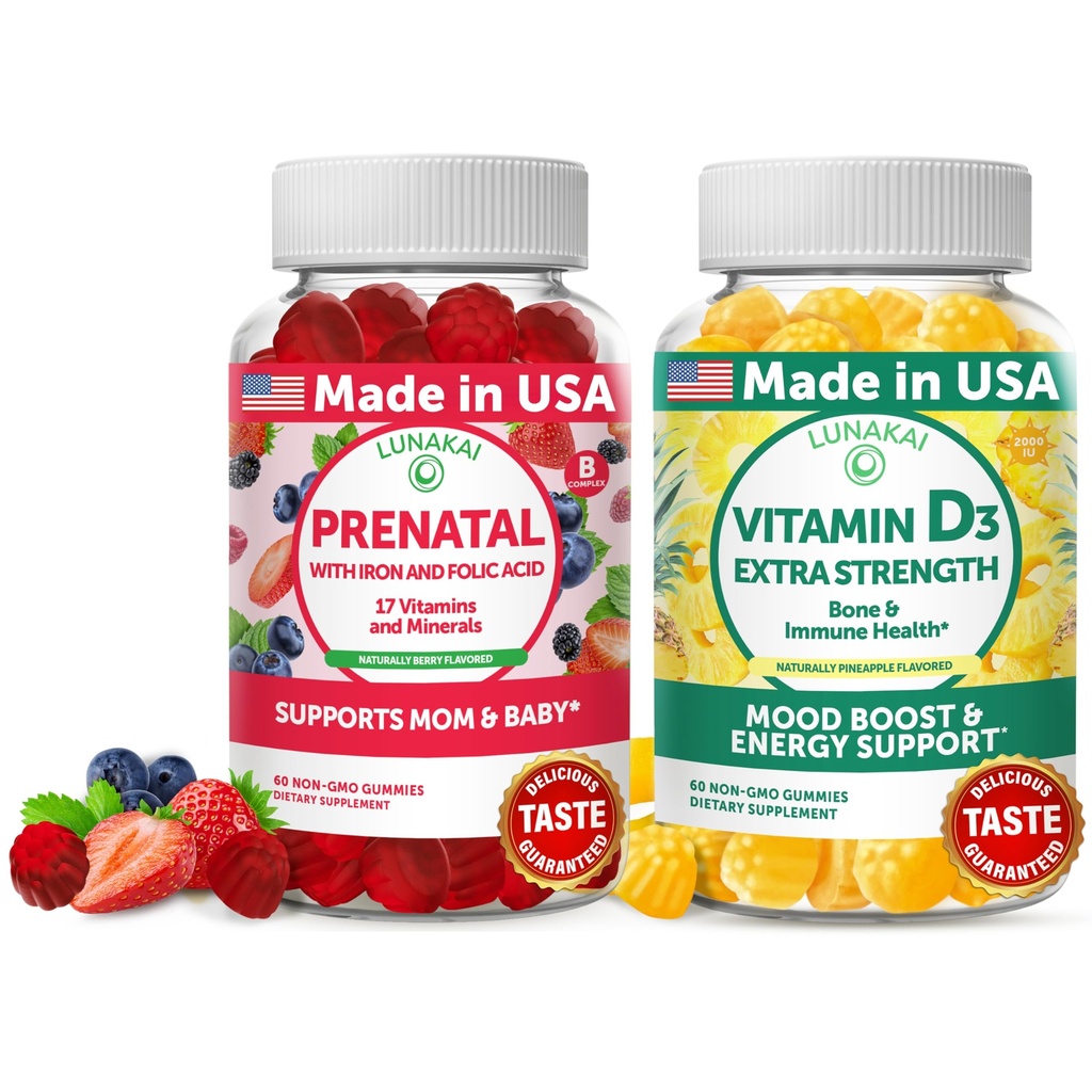 Lunakai Prenatal 및 비타민 D3 Gummies 번들 - 철 및 Folic 산이있는 임신 Multivitamin 거미 - 면역, 뼈 및 무드 지원 보충 - 성인 30 일 공급