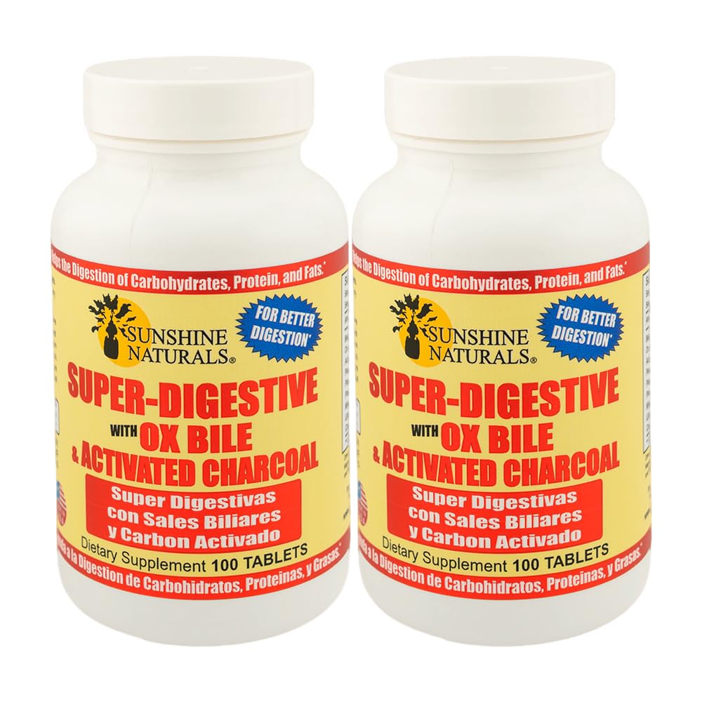 Sunshine Naturals Super Digestive 보충. Ox Bile & Digestive Support, Bloating Relief, Gut Cleanse, Nutrient Absorption 및 전반적인 Wellness를 위한 활성화된 Charcoal. 100개의 정제. 팩 2