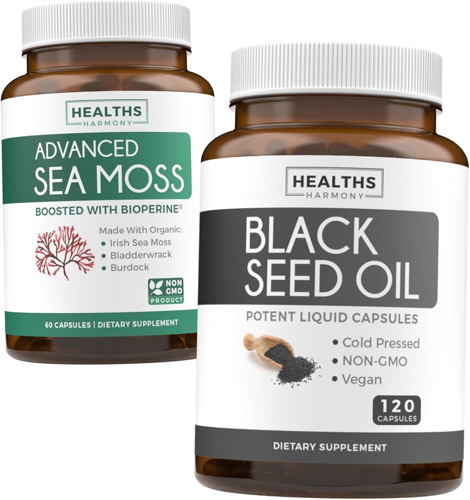 Black Seed & Sea Moss (1-Month Supply) Black Seed Oil 120 Softgel 캡슐 (Non-GMO & Vegan) Cold-Pressed Nigella Sativa & Irish Sea Moss 캡슐 (Non-GMO & Organic)