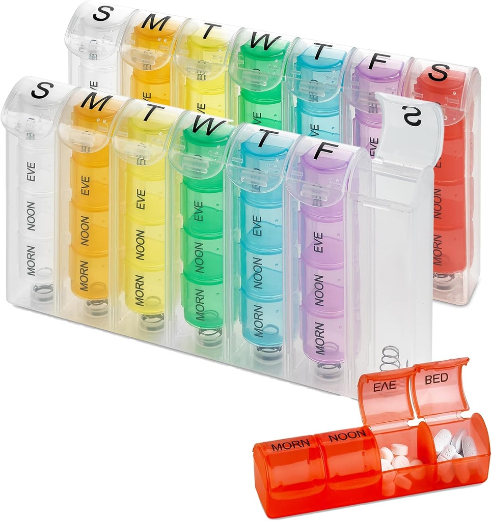 주간 알약 주최자 - (팩 2) 알약을위한 알약 플래너 & 비타민 각 일 주간, 4 시간 - 일 Medication Reminder, 쉽게 AM / PM Compartments를 읽기 쉬운 월요일부터 일요일 여행 및 지갑