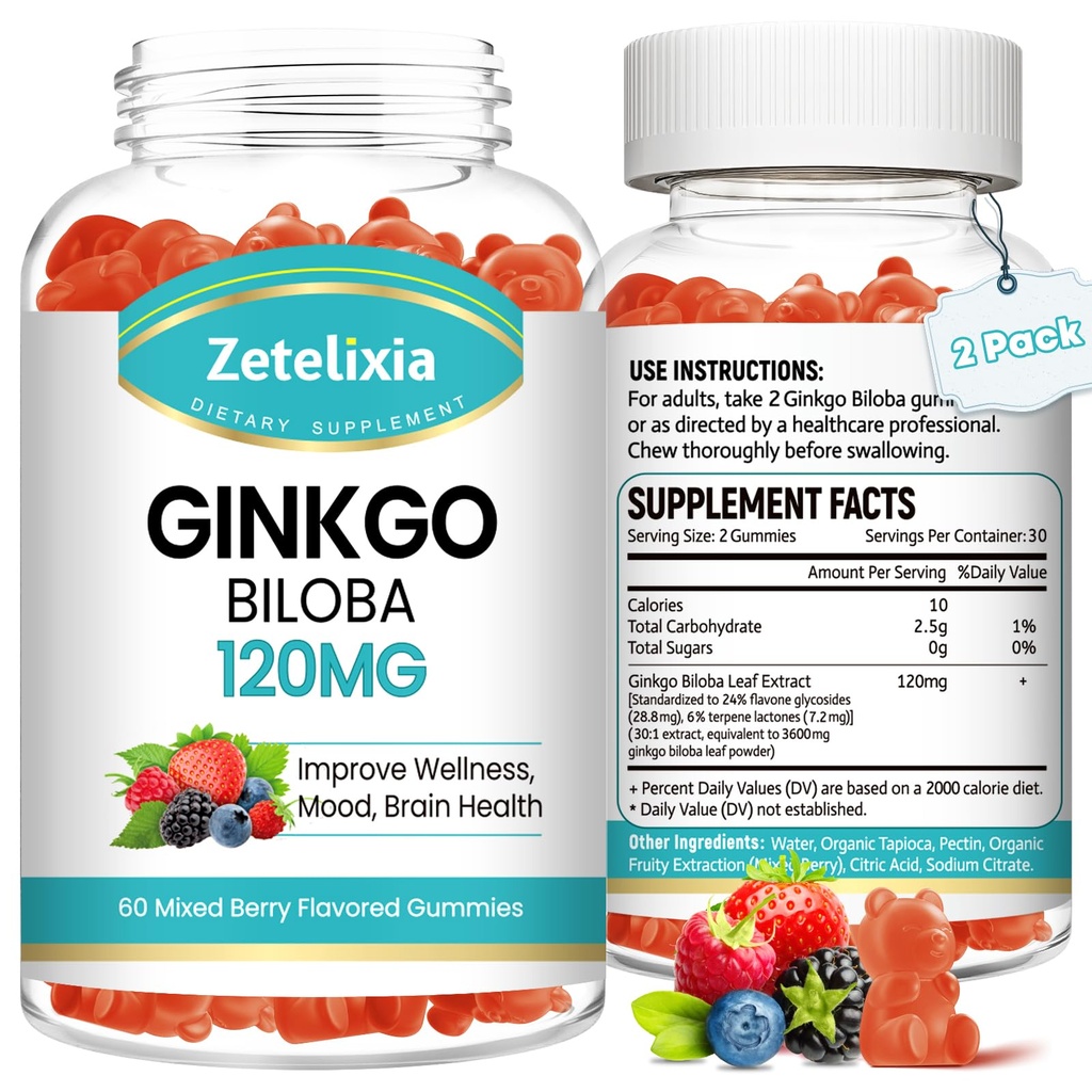 여자와 남자를 위한 2 팩 Ginkgo Biloba Gummies, 뇌 보충교재는 더 나은 계류 및 초점, Vegan 혼합 Berry 풍미 120 조사를 개량합니다