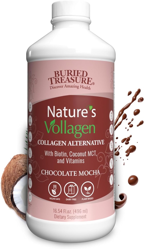 Buried Treasure Nature's Vollagen – 2000mg Vollagen Complex, 피부, 머리, 관절 건강, 100 % 식물 기반, 글루텐 무료, 소이 프리, Dairy-Free, 초콜릿 모차 맛, 16oz 액체