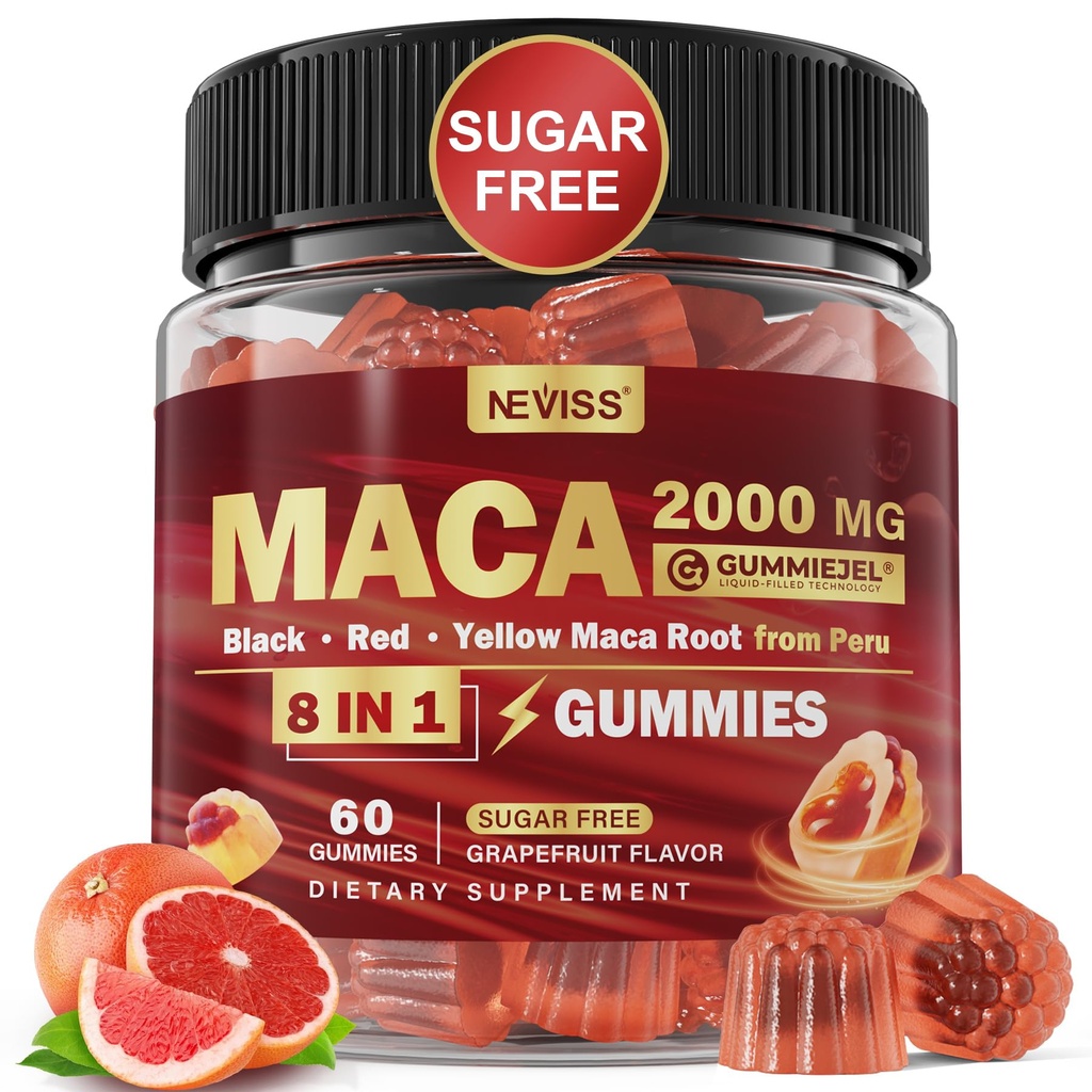 Maca Root Filled Gummies 2000mg for Women Men | 슈가프리 | 유기농 블랙, 레드, 옐로우 마카 뿌리 수풀 거미 Chews with Ashwagandha Ginseng & 아연 | 비건, 비 GMO, 자몽 맛, 60 조사