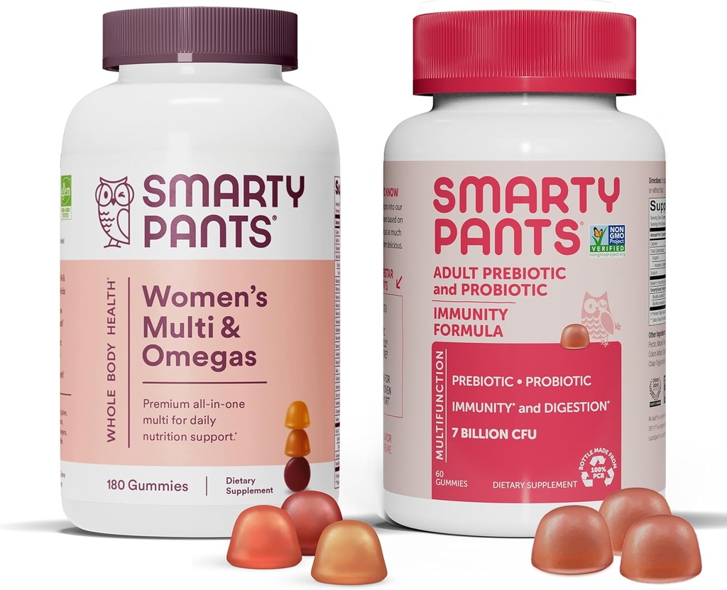 SmartyPants Women's Multivitamin와 Probiotic Immunity 번들: 오메가 3 물고기 기름 (EPA/DHA), 메틸 포레이트, CoQ10, 비타민 D3, C, 소화 & 면역 지원 보충교재 (30 일 공급)