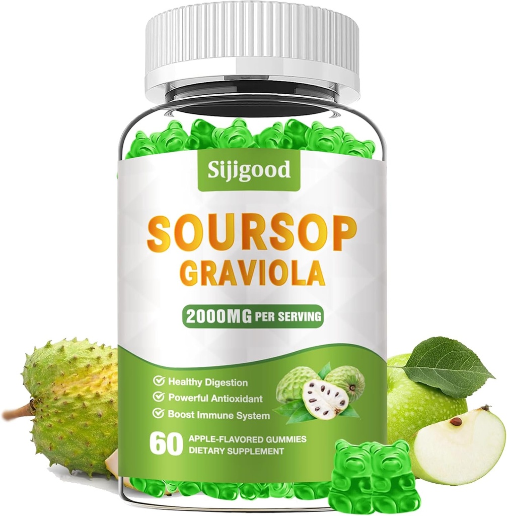 설탕 무료 Soursop Graviola Gummies - 유기 Soursop Leaves & Fruit Extract - 소화 보조 보조 보조, 면역 지원 및 산화 방지제 - 60 Apple flavored Gummies
