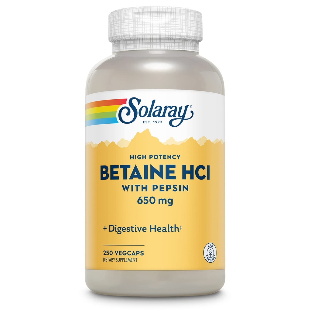 Pepsin을 가진 Solaray 높은 Potency Betaine HCL - 소화 건강을 위한 염산염 산성 보충교재 - betaine 염산염과 소화 효소 - Gut 건강 지원 - 60 일 보장, 250 VegCaps로