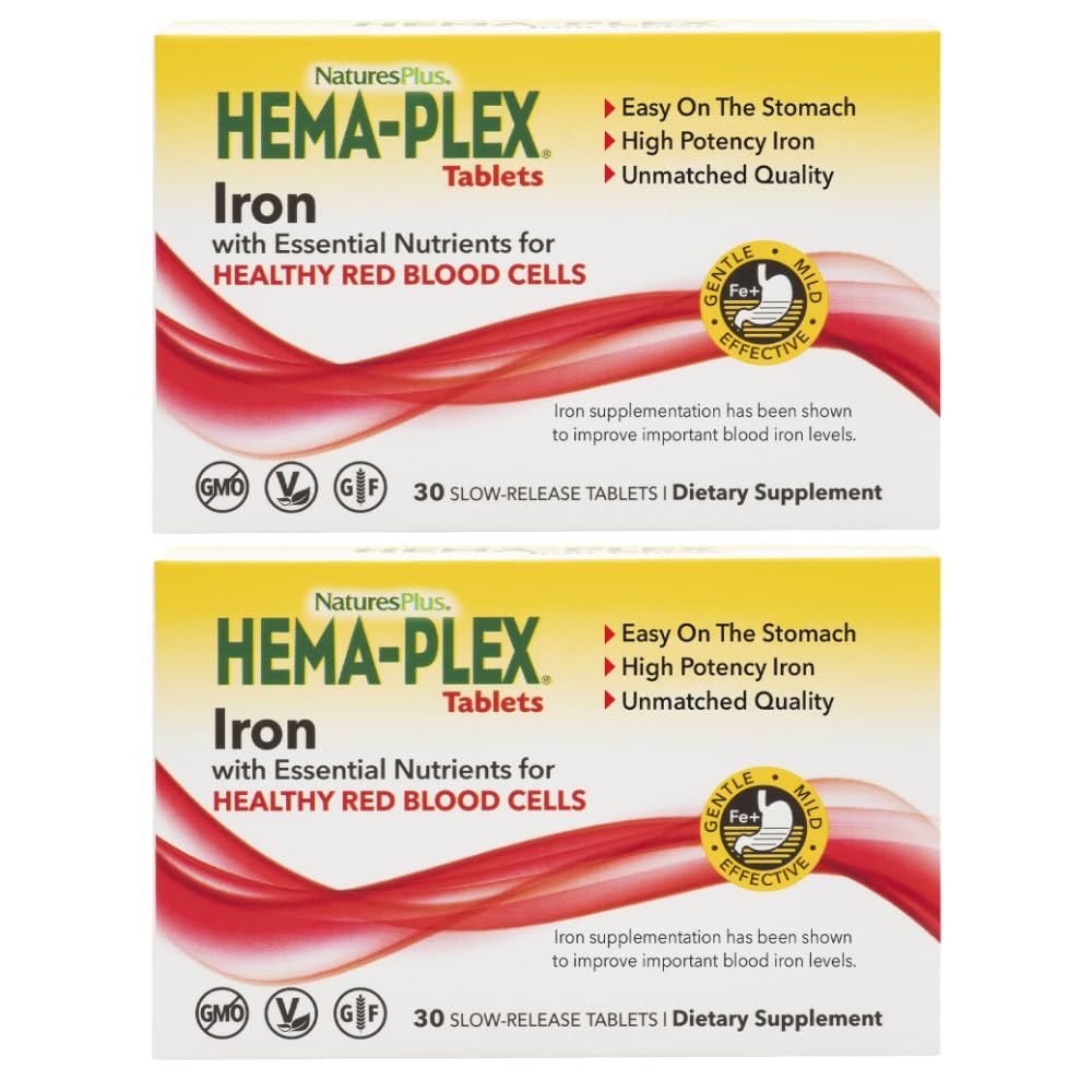 NaturesPlus Hema-Plex Iron - 30 느슨한 정제, 2 팩 - 총 혈액 건강 - 85 mg 킬레이트 철 - 비타민 C 및 Bioflavonoids - 비 GMO, 채식 및 글루텐 무료 - 60 총 서빙