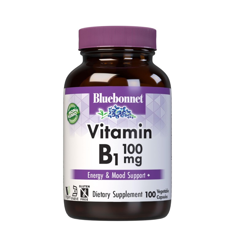 Bluebonnet 비타민 B1 100 mg - 여성 및 남성을위한 무드 지원 및 에너지 비타민 * - Thiamin HCl - Non-GMO, Vegan, Kosher, Gluten-Free - Soy & Dairy-Free - 100 야채 캡슐, 100 일 공급