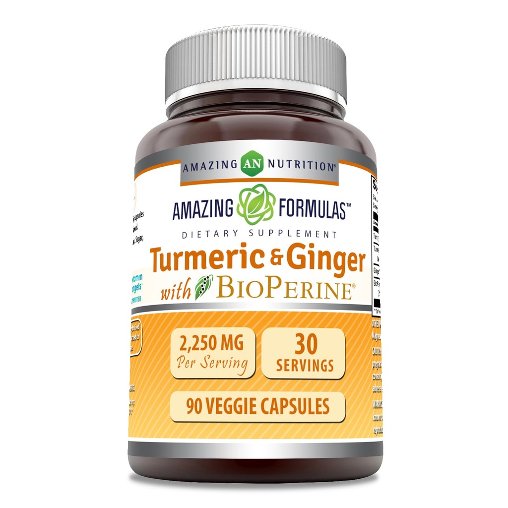 Amazing Formulas Turmeric Curcumin & Ginger with BioPerine Supplement | 2250 Mg | 90 Veggie Capsules | Non-GMO | 글루텐 프리 | 미국
