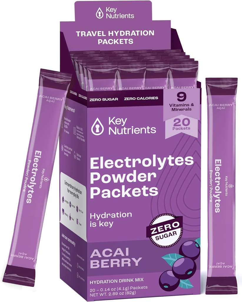 KEY NUTRIENTS Multivitamin Electrolytes Powder Packets - 맛있는 Acai Berry 20 Pack Hydration Packets - 여행 Hydration Powder - 설탕 없음, 칼로리 없음, 글루텐 무료 - 미국에서 만든