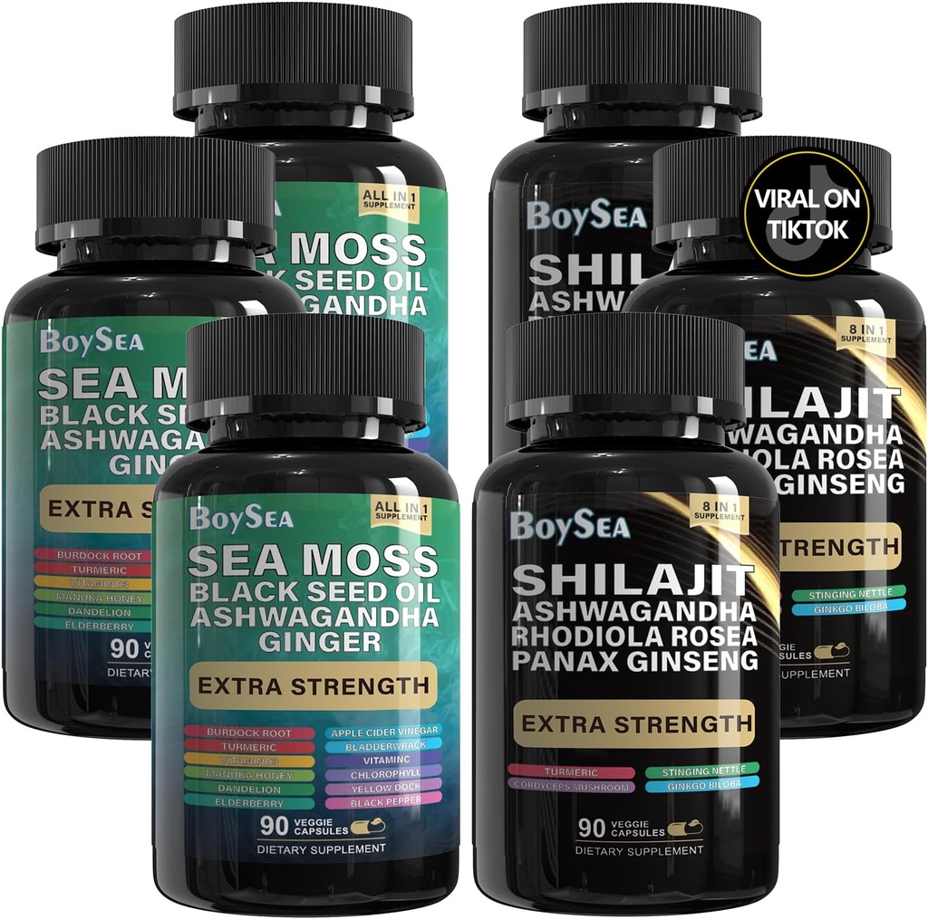 모든 제품 Shilajit와 바다 Moss 번들 - 90 카운트 - 바다 Moss, 블랙 씨 오일, Ashwagandha, Ginger & Shilajit, Rhodiola Rosea, 모든 1 보충제 (3 Pc)