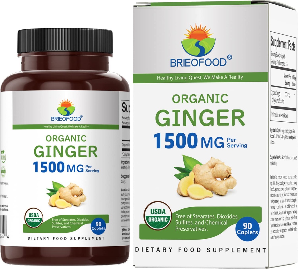 Brieofood 유기 생강 1500mg, 45 서빙, 채식, 글루텐 무료, 90 채식 정제