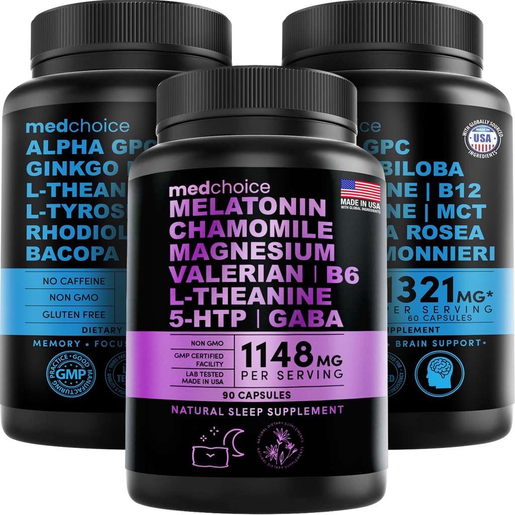 MEDCHOICE Sleep Melatonin (90ct) 및 Nootropic Brain (120ct) 보충 번들 - 수면, 두뇌, 초점, & 무드 지원을위한 웰빙 듀오 - Vegan, Non-GMO, 글루텐 프리