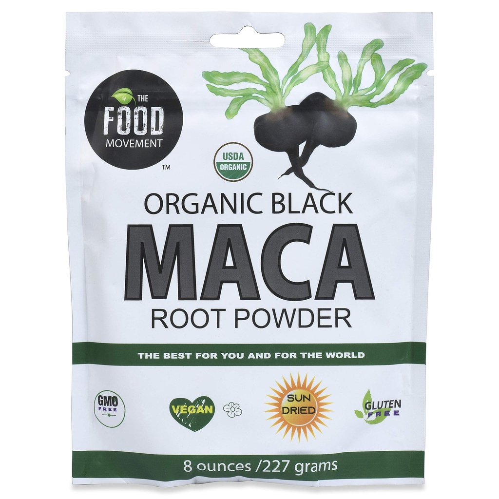 Food Movement Co. Black Maca 8 oz Raw Food Powder - 유기농, 비 GMO, Vegan, Gluten Free- Black Maca Root Supplement for Whole Body Wellness