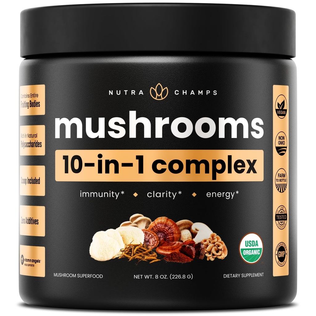 NutraChamps 유기 버섯 분말 - 10-in-1 Complex - 기억, 초점 및 면역 지원을위한 버섯 보충 분말 혼합 - 8oz (8.0 OZ, 버섯 혼합)