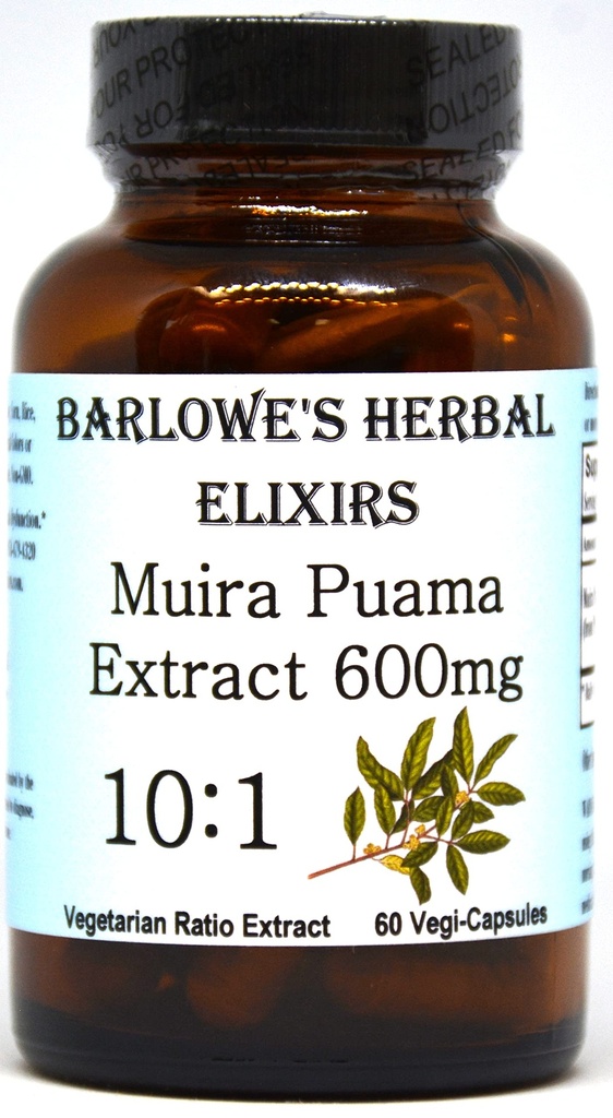 Barlowe의 초본 Elixirs Muira Puama 10 : 1 추출물 | 캡슐 당 600mg | 전통 남성 활력 보충 | 60 Vegan 캡슐 | Stearate-Free, Non-GMO, 유리 병에 포장
