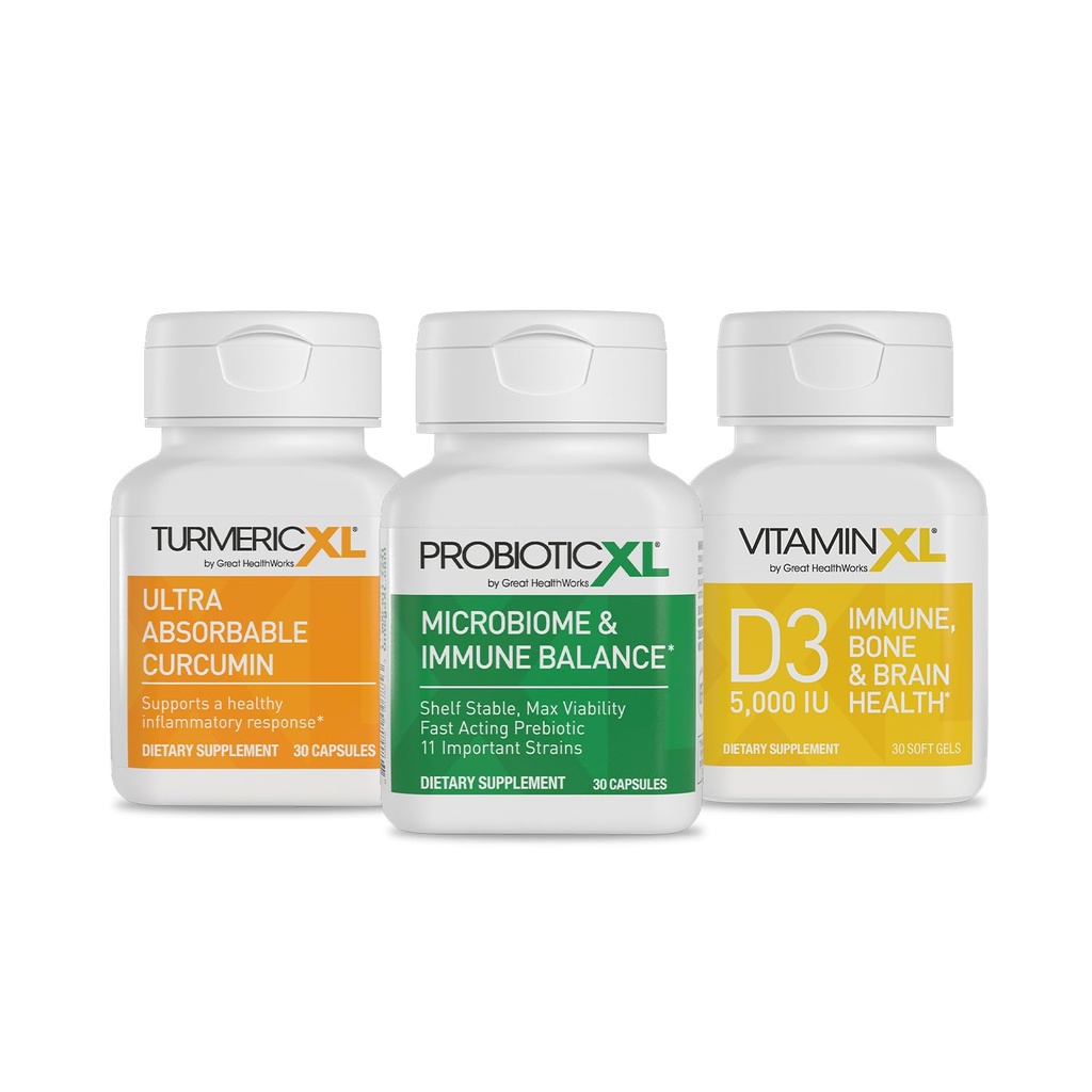 TrioXL - 강한 면역 체계를 승진시키는 3개의 강력한 보충교재는, TumericXL, 비타민XL D3 & ProbioticXL, 글루텐 자유로운 면역성이 있는 승압기, 3-30 조사를 포함합니다