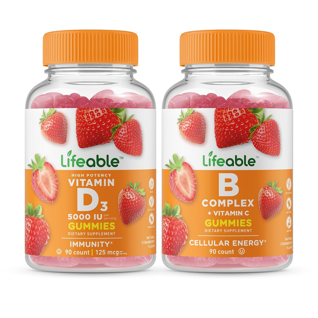 Lifeable Vitamin D 5000 IU + B Complex, Gummies 번들 - 훌륭한 타스팅, 비타민 보충, 글루텐 무료, GMO 무료, Chewable Gummy