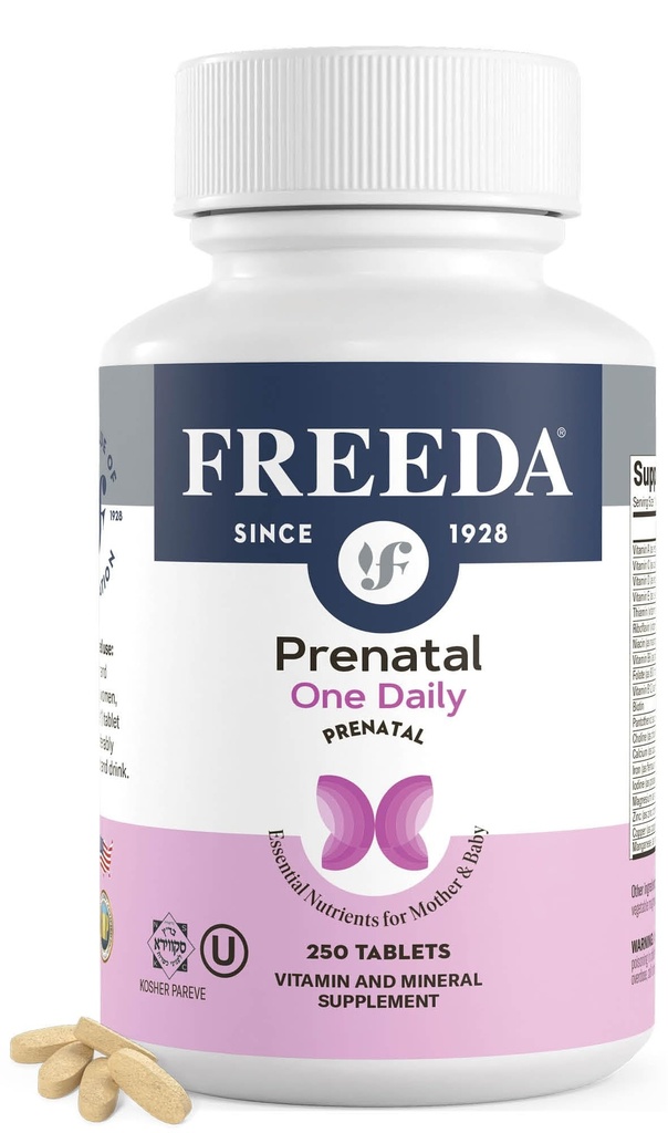 FREEDA Prenatal Vitamin - Kosher Prenatals - 철, Prenatal Folic Acid, Choline, Vitamin D - 임신 및 모유 수유를위한 일일 예비 Natal Multivitamin 지원 (250)