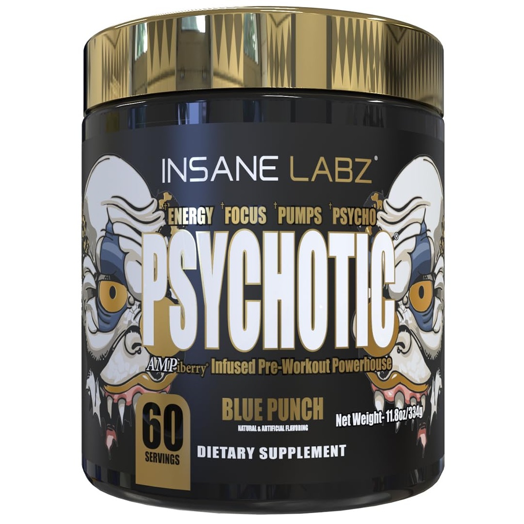 Insane Labz Psychotic Gold, 높은 Stimulant Pre Workout Powder, Extreme Lasting Energy Focus, Beta Alanine, DMAE Bitartrate, NO Booster (60 서빙, 블루 펀치)와 펌프 및 내구시간