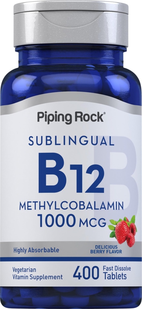 Piping Rock Vitamin B12 하위 언어 정제 | 1000 mcg | 400 알약 | 여성과 남성용 Methylcobalamin 보충교재 | 베리 맛 | 채식주의, 비 GMO, 글루텐 프리