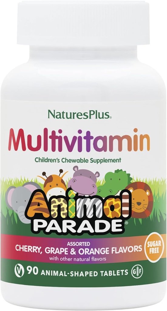 Natures Plus Animal Parade Sugar-Free Children's Multivitamin - 모듬 체리, 포도 및 오렌지 맛 - 90 Chewable Tablets - 45 총 서빙