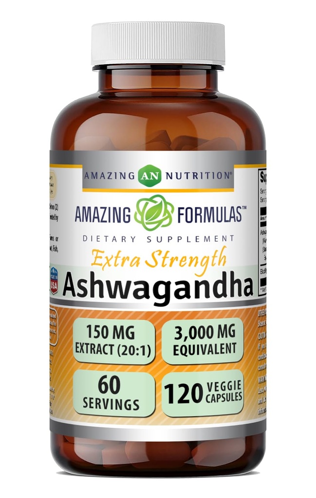 Amazing Formulas Ashwagandha Extract Supplement | 150 Mg Extract (20:1) | 3,000 Mg에 해당 | Veggie Capsules | Non-GMO | 글루텐 프리 | 미국 (1 팩 | 120 개)