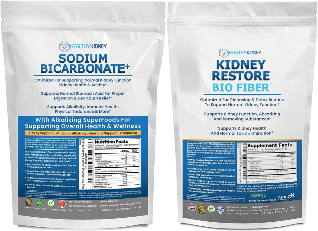 유기 나트륨 중탄산염 알칼리성 보충교재 1.5LB & 생물 섬유 Kidney Cleanse Detox 2.5 LBS 뭉치 – 지원 Kidney 건강, Stomach 산 Neutralizer, 알칼리 Superfoods, 면역성이 있는 지원, Detox