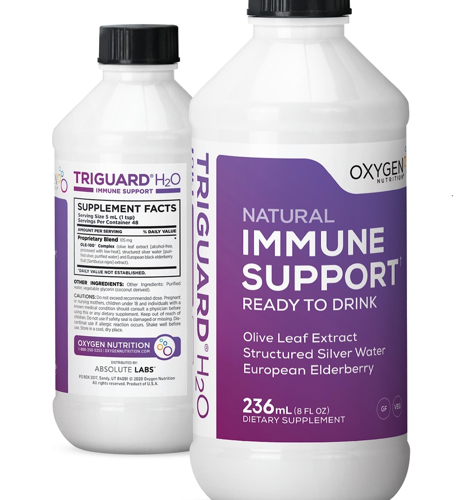 Triguard Plus Colloidal Silver Water, Sambucus Elderberry Extract & Olive Leaf Extract, 3-in-1 Liquid Immune Support 음료 준비 | 강력한 면역 시스템 부스터 | 훌륭한 맛 - 8oz, Made in USA