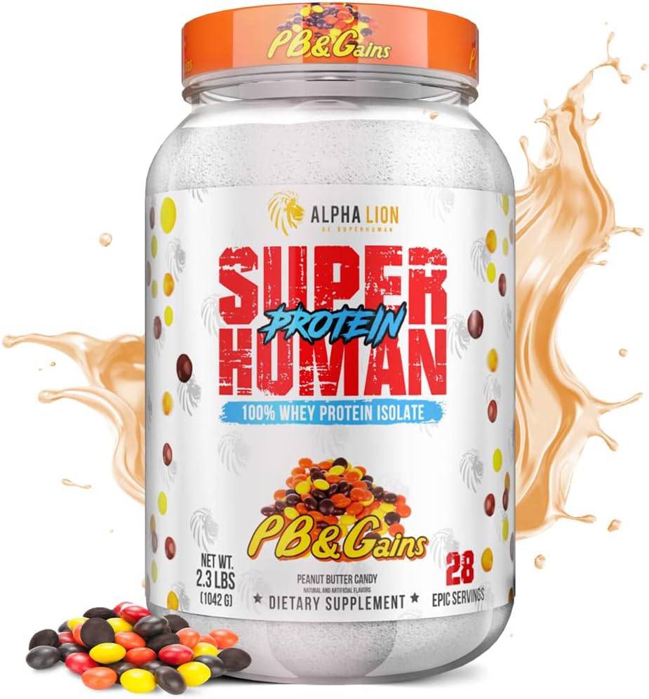 ALPHA LION Superhuman Whey Protein Powder, Great Tasting Pure Whey Protein Isolate, Low Carb, Low Sugar, No Bloat Post 운동, 근육 회복 및 성장 (28 서빙, PB 및 이득)