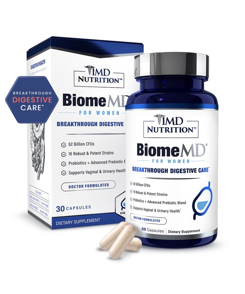 여성을위한 1MD 영양 BiomeMD Probiotics - 여성을위한 매일 Prebiotics 및 Probiotics - 60 억 이상의 CFUs, 15 Strains - 여성 Probiotics 지원 Urinary & Vaginal Health - 30 캡슐