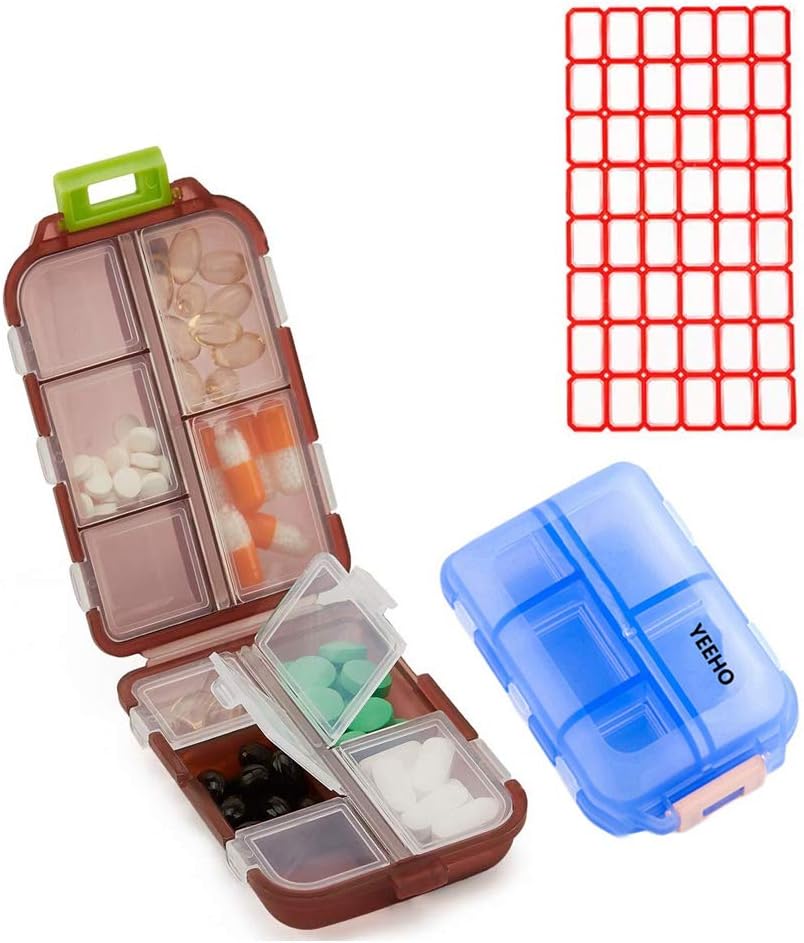 Pill Case (2 Pack) - 10 구획을 가진 휴대용 작은 보충교재 정제 콘테이너 상자 - 여행 여행 주머니 지갑 (Blue+Chocolate)를 위한 약 비타민 조직 분배기 홀더 저장