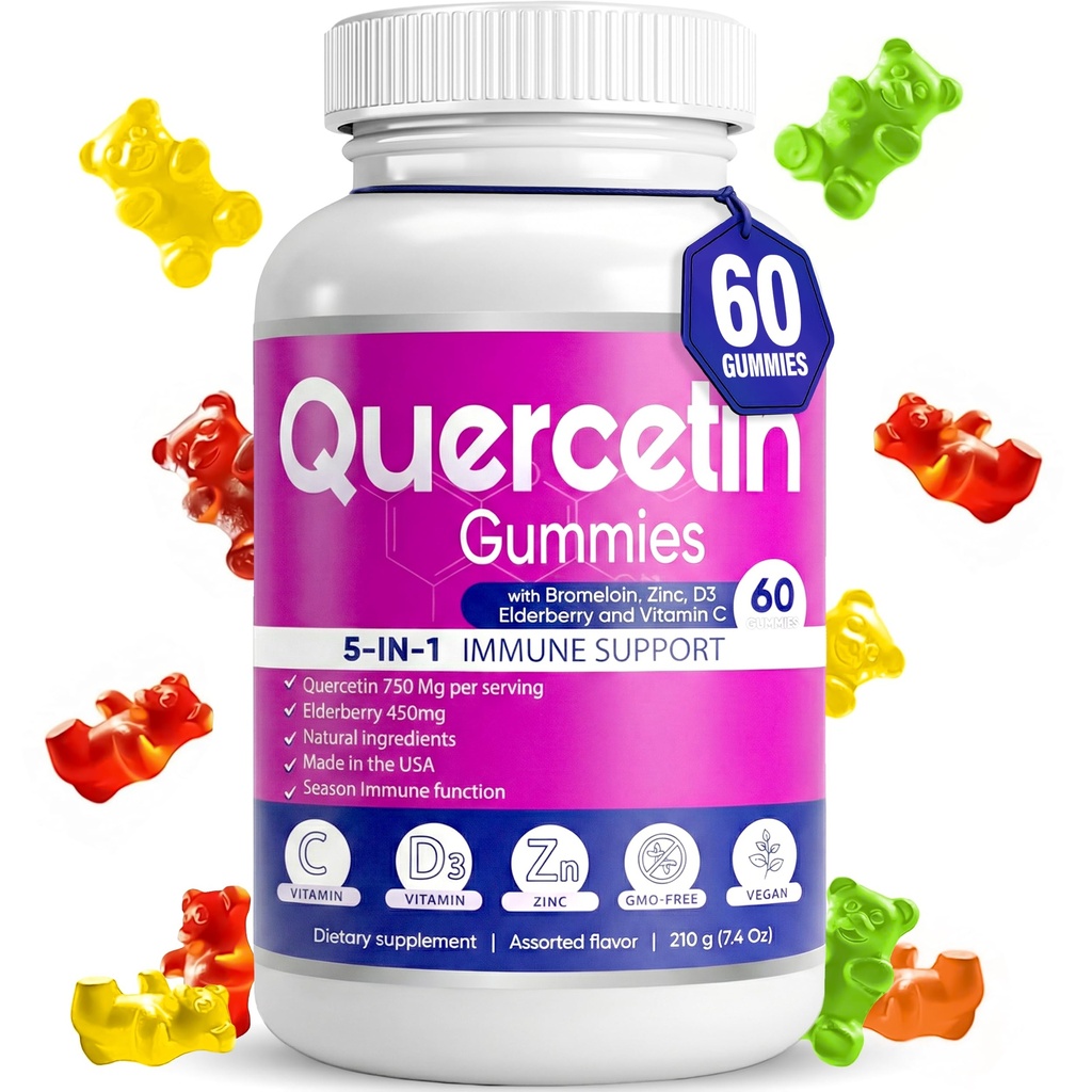 BioVitalica의 Quercetin Gummies - Bromelain 비타민 C 및 아연 및 Elderberry + 비타민 D3-5 1 면역 지원 - 아연 Quercetin 750 mg 어린이와 성인 (1)