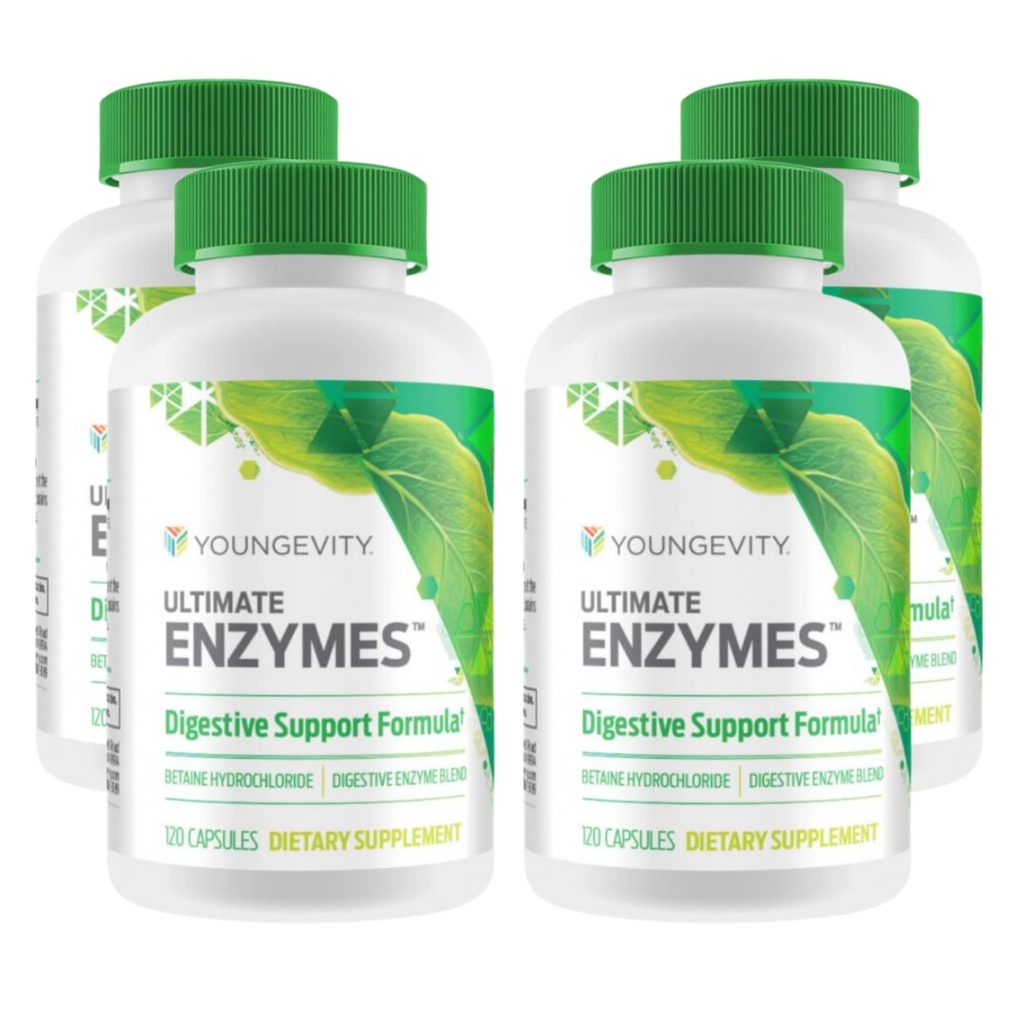 Youngevity Ultimate Enzymes® - 소화, 가스 및 Bloating 완화를위한 멀티 효소 - Betaine HCl, Ox Bile, Pancreatine 10X, Papain 6M, Pepsin 1 : 3000 (120 캡슐 - 4 팩)