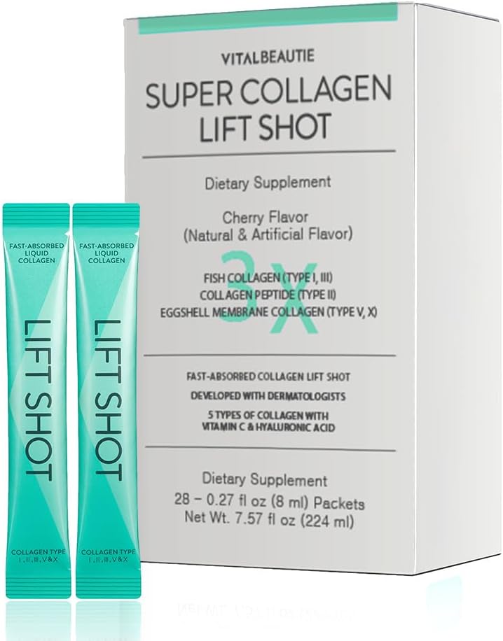 여성을위한 VITALBEAUTIE 액체 콜라겐, SuperCollagen 리프트 샷 - 프리미엄 멀티 콜라겐 펩타이드 유형 I, II, III, V, X 1500mg Hyaluronic, 비타민 C, 세 번째 파티 인증, 높은 흡수