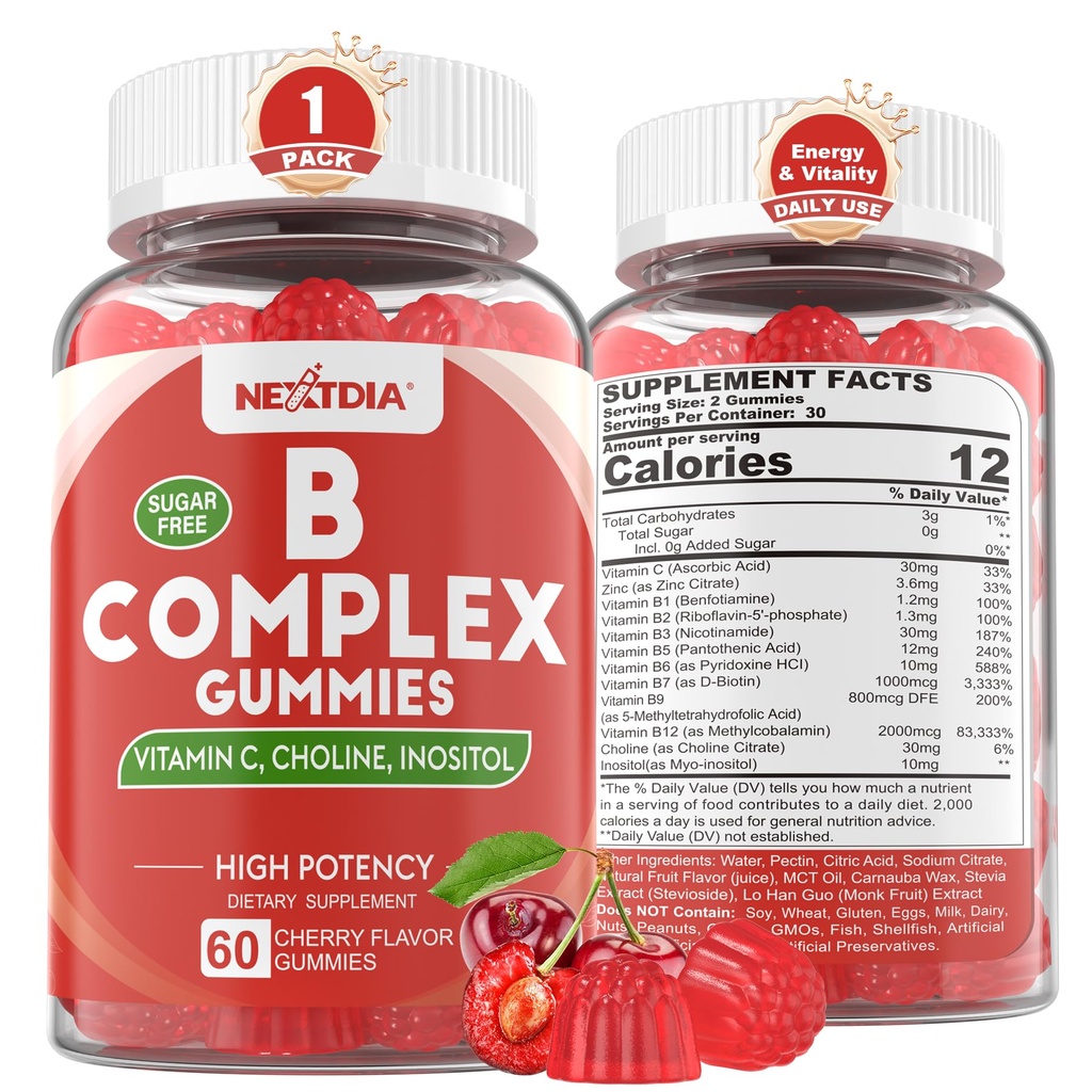 비타민 B 복합체 Gummies, 2000 mcg 메틸 B12, 메틸 Folate를 가진 Vegan 비타민 B Gummies | Plus Choline + Inositol, 비타민 C + 아연 지원 에너지, 계류, 면역, 건강한 머리, 피부 - 60 Cts
