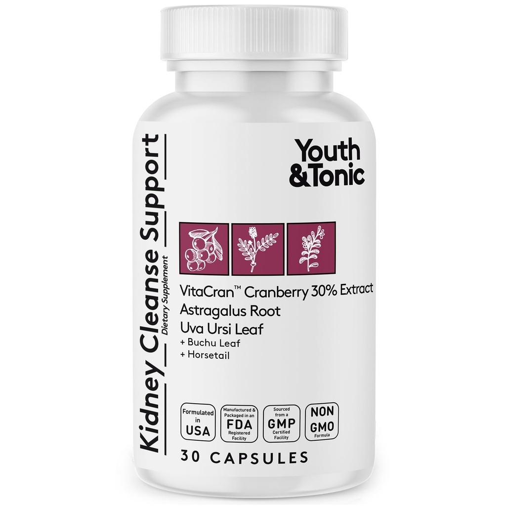 청춘 & Tonic Kidney Cleanse & Detox Supplement with Cranberry Extract - Urinary Tract Health, Bladder 및 Kidney Health 지원 - Vegan, Non-GMO - 30 채식 환약