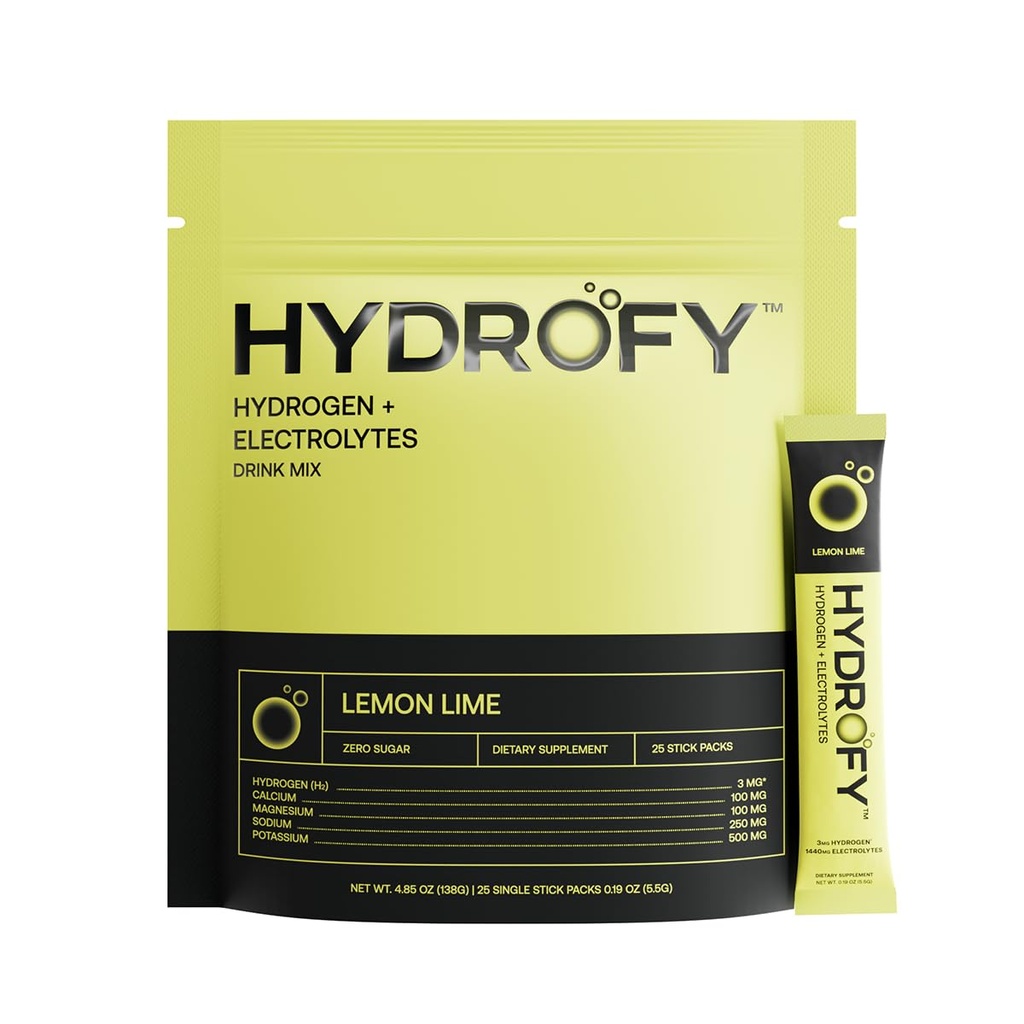 Hydrofy Hydrogen Water + Electrolytes Drink Mix | 분자 수소, 나트륨, 칼륨, 마그네슘, 칼슘 및 미네랄이 함유 된 H2 하이드로 션 패킷 | 설탕 | 레몬 라임 | 25ct